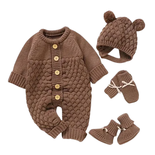 Knitted Baby Romper Set – Hat, Mittens & Booties