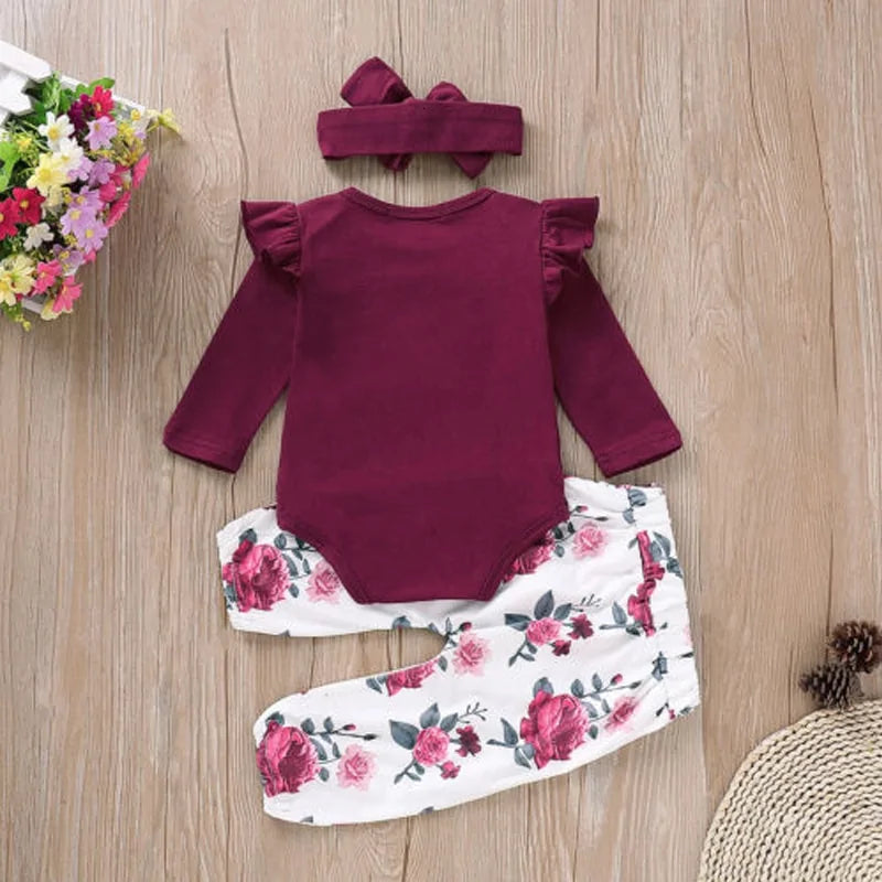 Baby Girl 3-Piece Romper Set – Jumpsuit, Floral Pants & Headband