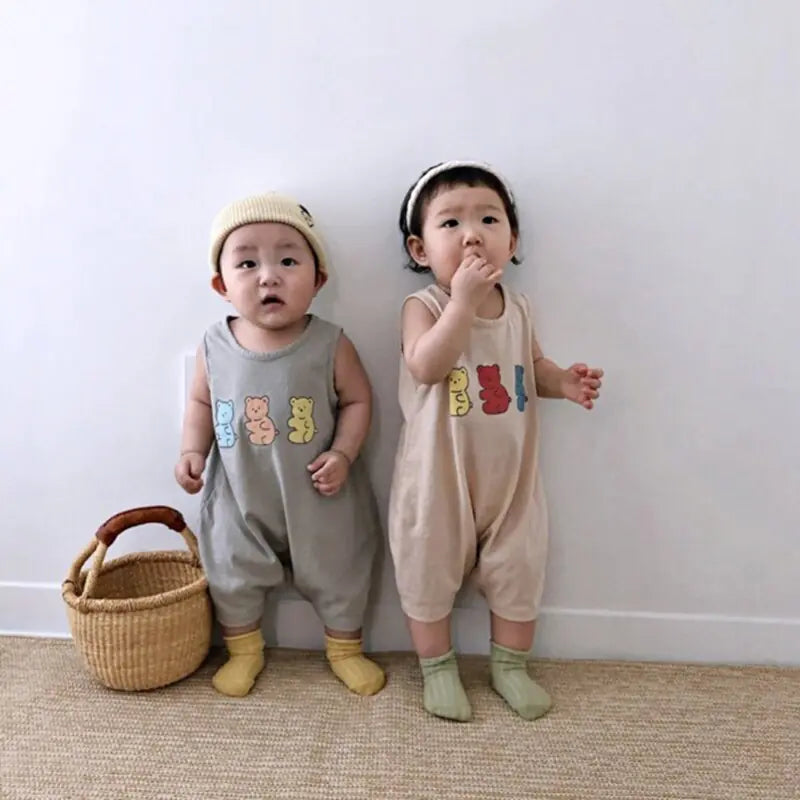 MILANCEL Cotton Bear Print Sleeveless Jumpsuit – Soft and Breathable for Boys/Girls