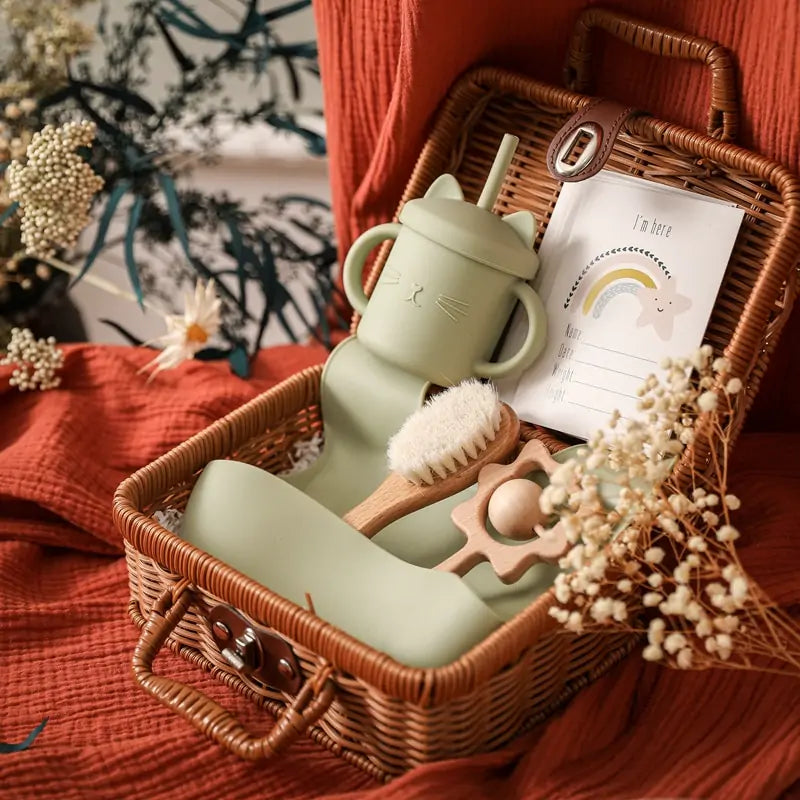 Baby Feeding Tableware Box Set with Silicone Bib, Stacking Toy, and Vintage Dishes