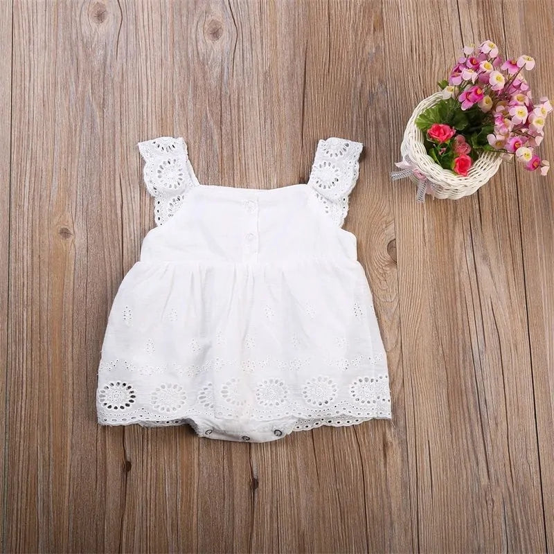 Adorable White Cotton Romper with Detail for Baby Girl