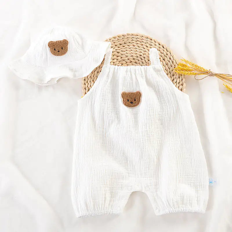 Soft Cotton Bear Patch Romper & Sun Hat Set