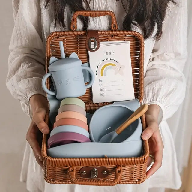 Baby Feeding Tableware Box Set with Silicone Bib, Stacking Toy, and Vintage Dishes