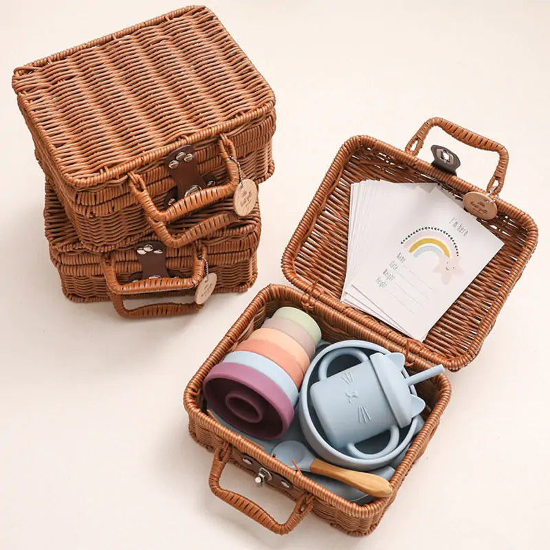 Baby Feeding Tableware Box Set with Silicone Bib, Stacking Toy, and Vintage Dishes