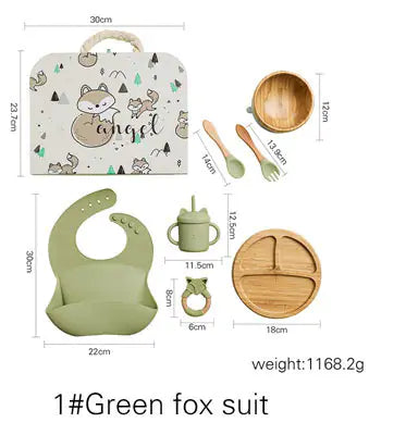 Baby Feeding Tableware Box Set with Silicone Bib, Stacking Toy, and Vintage Dishes