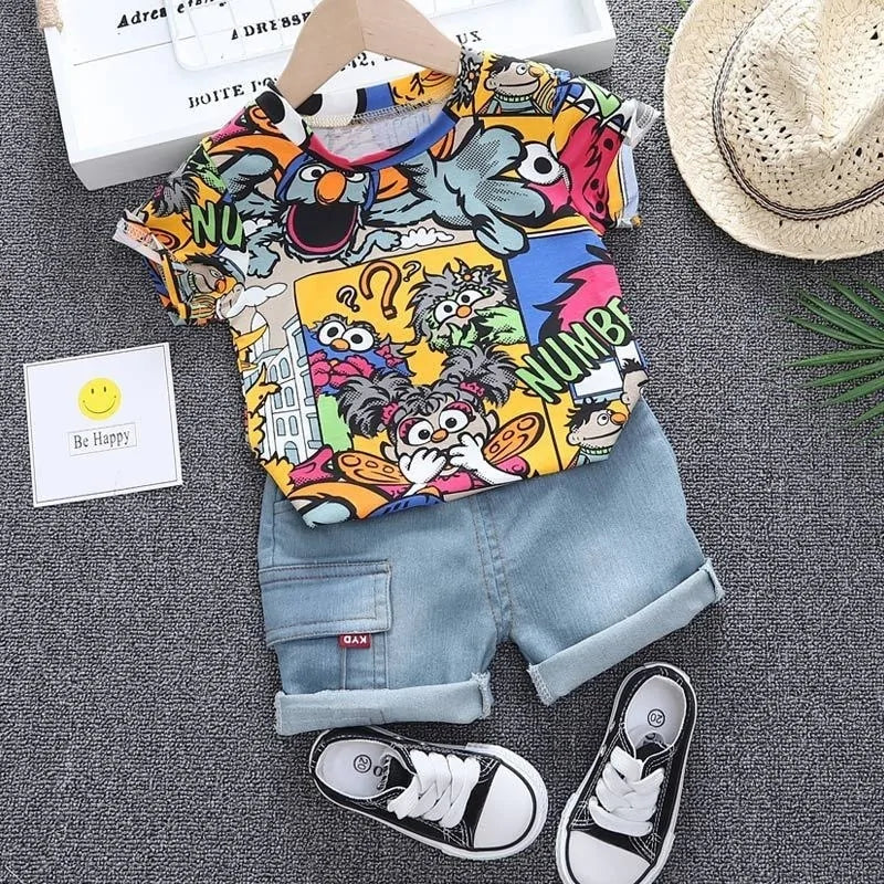 Boys' Summer Graffiti Outfit with Sunhat: T-shirt & Denim Shorts Set