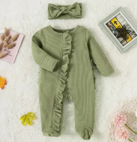 Candy Colour Lace Zip Footed Baby Romper with Bow Headpiece