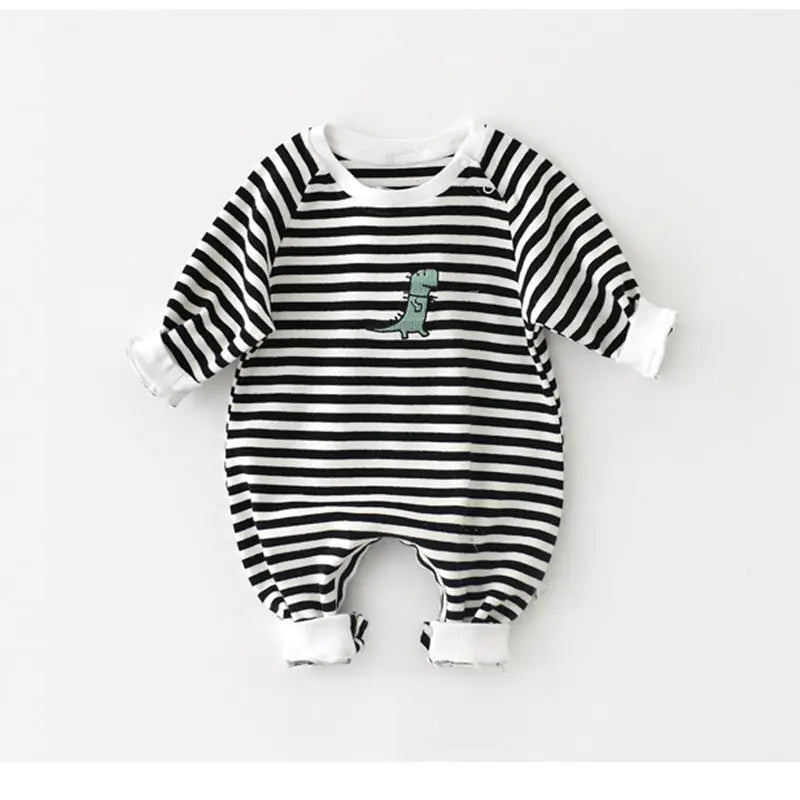 MILANCEL Striped Cotton Baby Romper with Dinosaur Embroidery