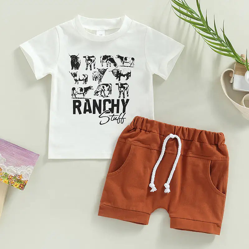 Cartoon Cowboy Print Baby Boy Outfit – Shirt and Pants Set