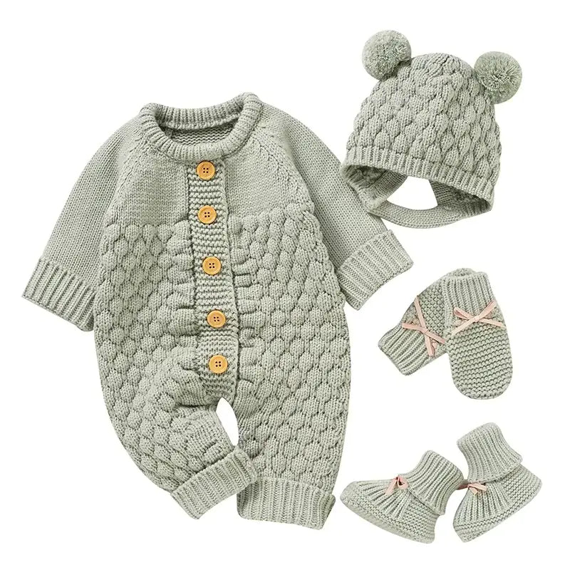 Knitted Baby Romper Set – Hat, Mittens & Booties