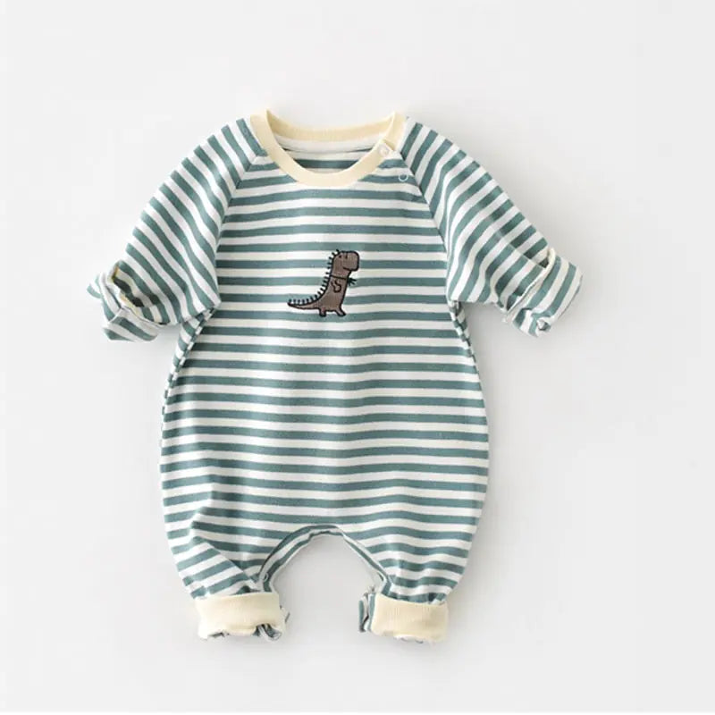 MILANCEL Striped Cotton Baby Romper with Dinosaur Embroidery