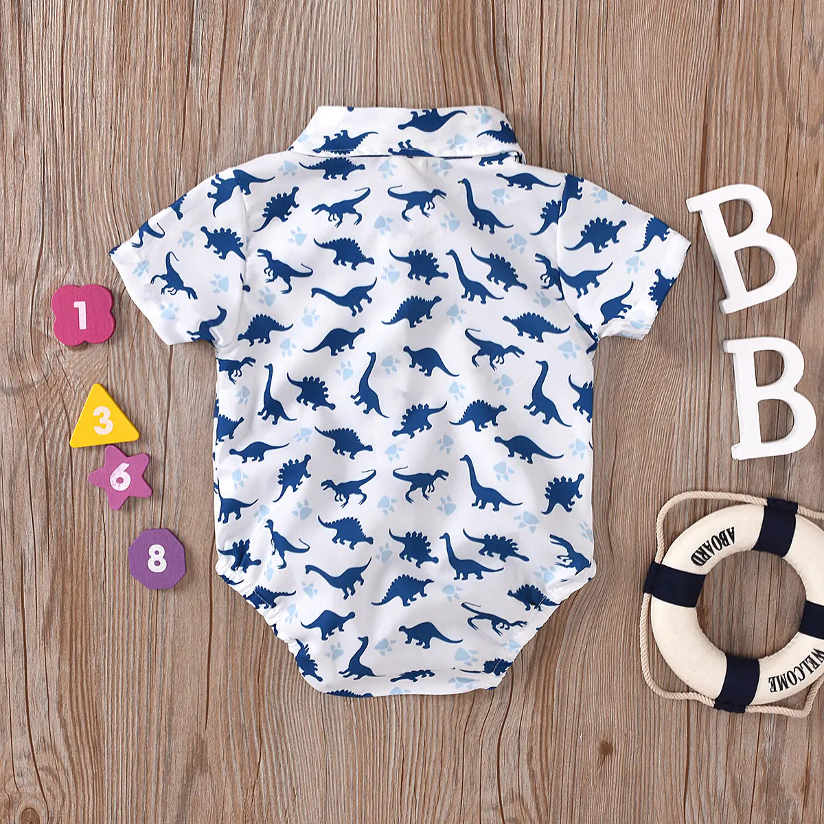 Dino Print Baby Boy Outfit Set – Jumpsuit & Suspender Shorts