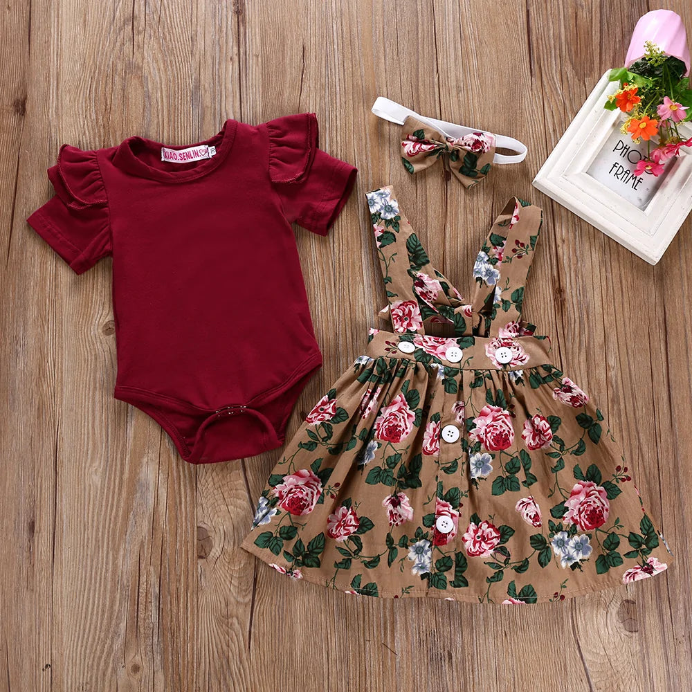Floral Romper Strap Dress Set with Headband for Girls