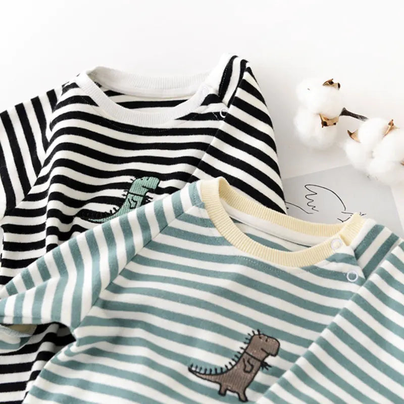 MILANCEL Striped Cotton Baby Romper with Dinosaur Embroidery