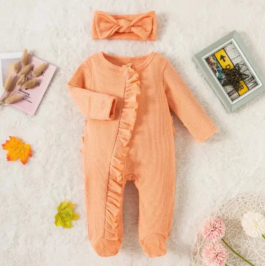 Candy Colour Lace Zip Footed Baby Romper with Bow Headpiece