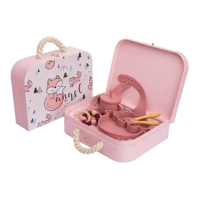 Baby Feeding Tableware Box Set with Silicone Bib, Stacking Toy, and Vintage Dishes