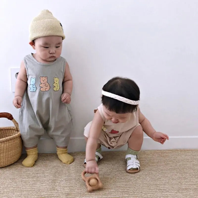 MILANCEL Cotton Bear Print Sleeveless Jumpsuit – Soft and Breathable for Boys/Girls
