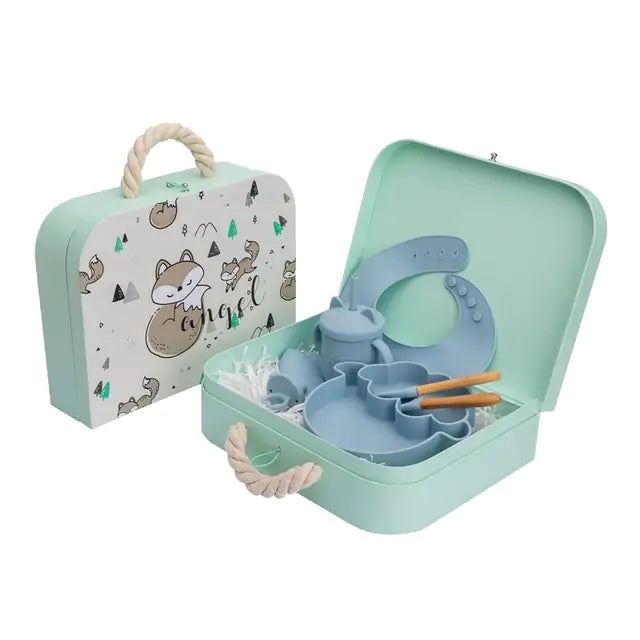 Baby Feeding Tableware Box Set with Silicone Bib, Stacking Toy, and Vintage Dishes