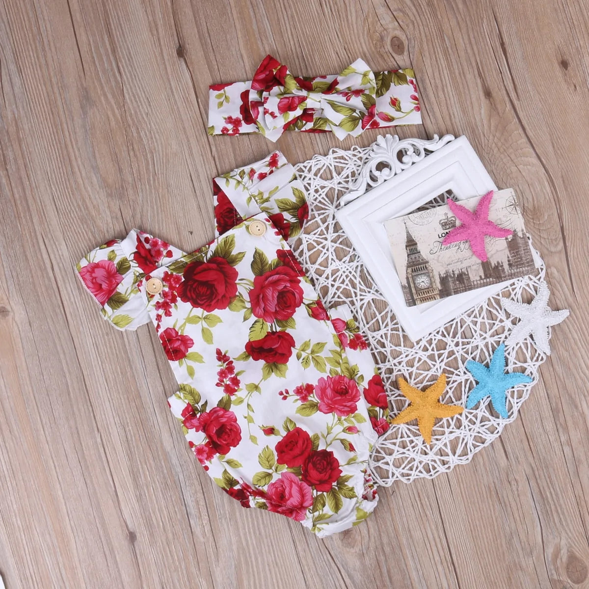 Baby Girls Jumpsuit Romper and Headband Set with Charming Print