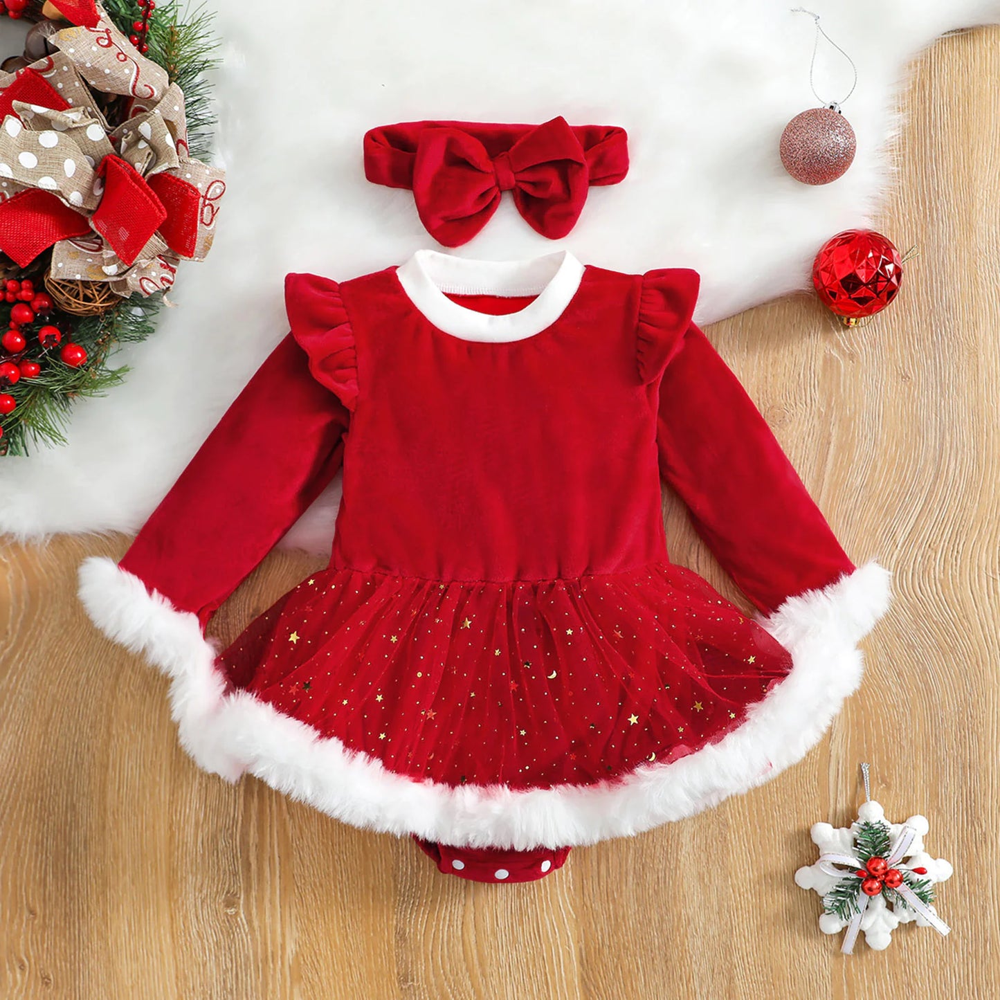 Star & Moon Holiday Baby Romper Set – Includes Matching Headband