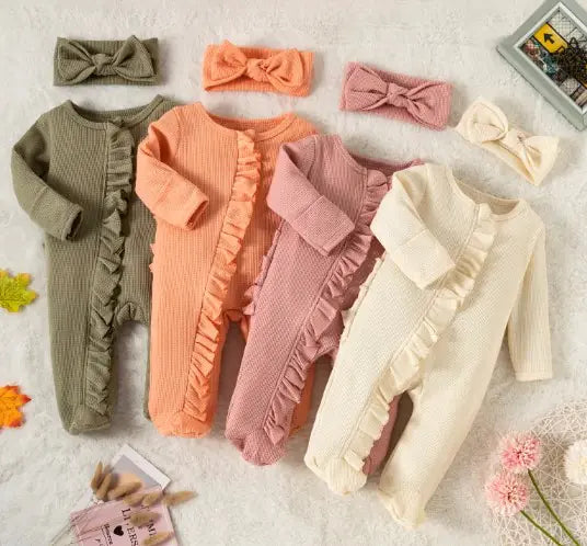 Candy Colour Lace Zip Footed Baby Romper with Bow Headpiece