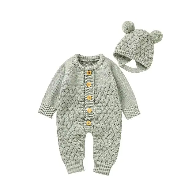 Knitted Baby Romper Set – Hat, Mittens & Booties