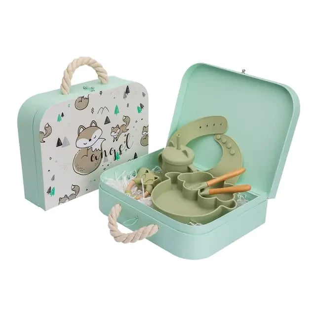 Baby Feeding Tableware Box Set with Silicone Bib, Stacking Toy, and Vintage Dishes