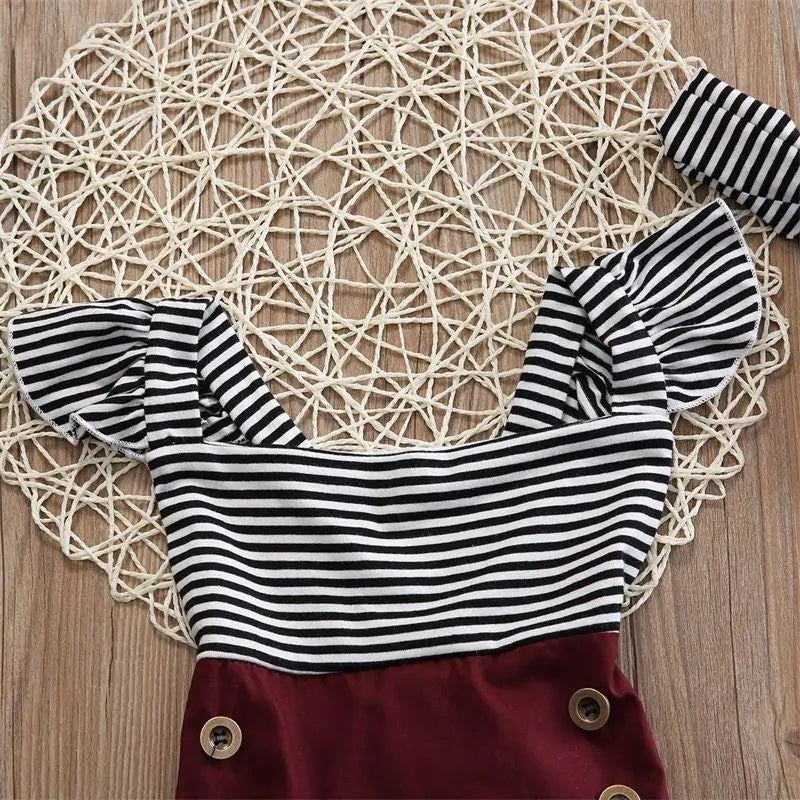 Striped Bodysuit Set with Button Shorts & Ribbon Headband