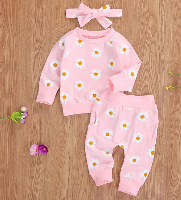 2-Piece Cotton Chrysanthemum Baby Pants Suit – Soft Long Sleeve Set in Yellow, Pink & Green