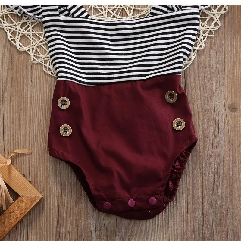Striped Bodysuit Set with Button Shorts & Ribbon Headband