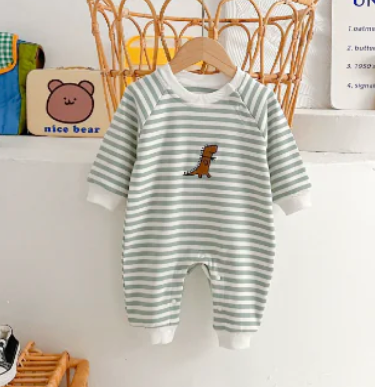 MILANCEL Striped Cotton Baby Romper with Dinosaur Embroidery