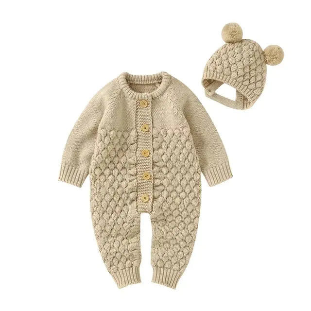 Knitted Baby Romper Set – Hat, Mittens & Booties