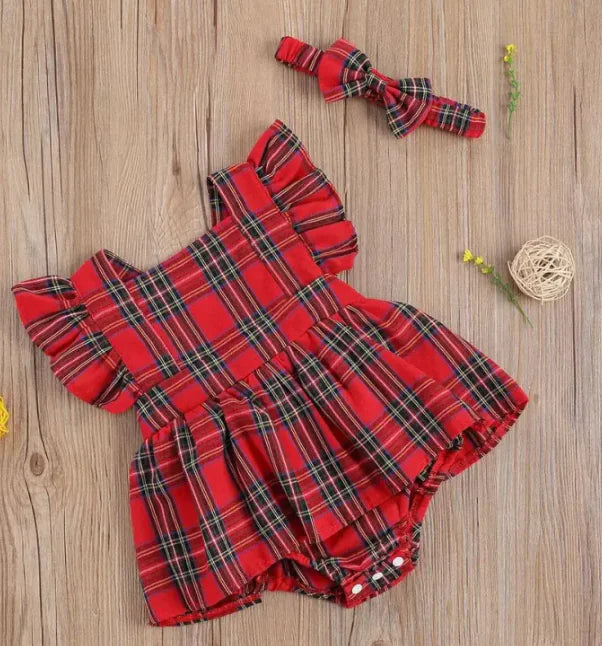 Flounced Sleeve Christmas Plaid Romper Set