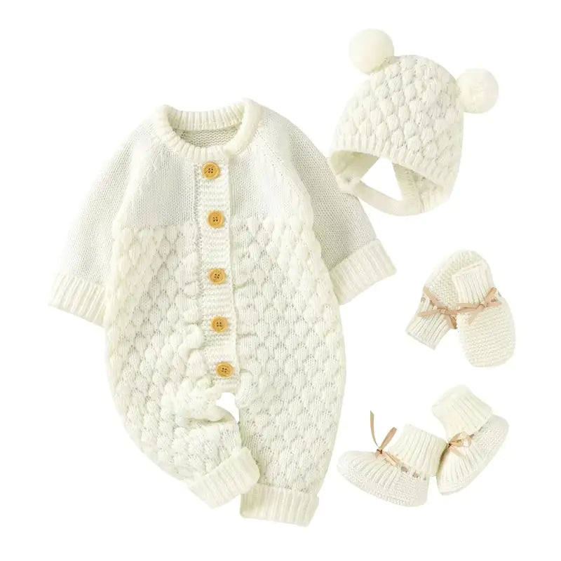 Knitted Baby Romper Set – Hat, Mittens & Booties