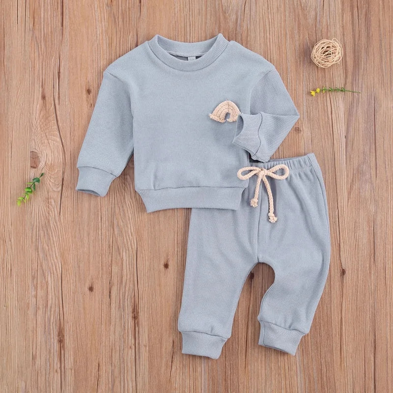 Newborn Baby Clothes Set with Rainbow Embroidery Top and Drawstring Pants