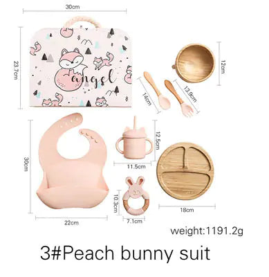 Baby Feeding Tableware Box Set with Silicone Bib, Stacking Toy, and Vintage Dishes