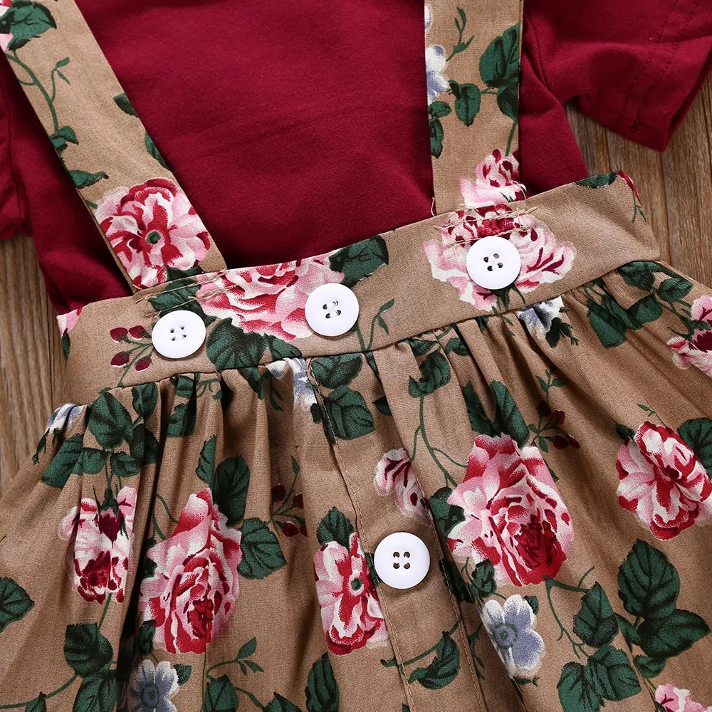 Floral Romper Strap Dress Set with Headband for Girls