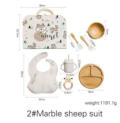 Baby Feeding Tableware Box Set with Silicone Bib, Stacking Toy, and Vintage Dishes
