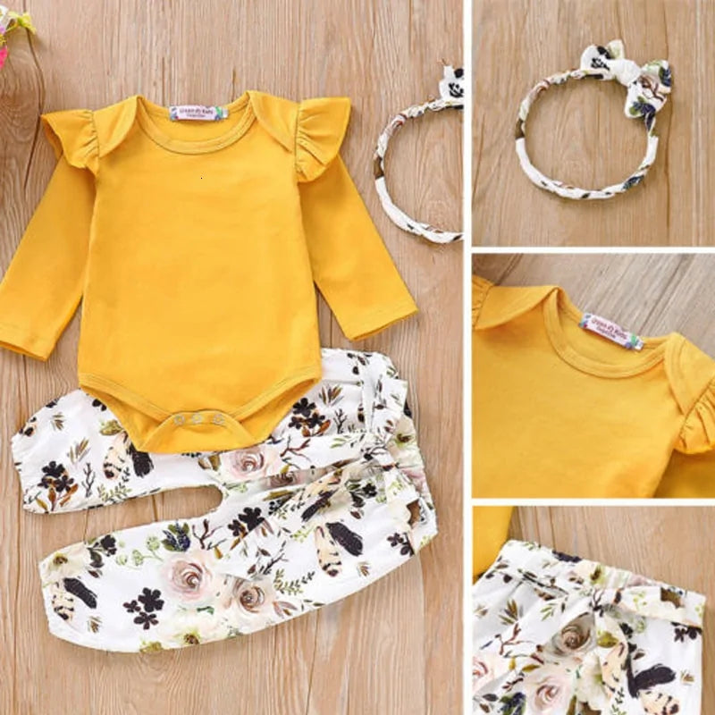 Baby Girl 3-Piece Romper Set – Jumpsuit, Floral Pants & Headband
