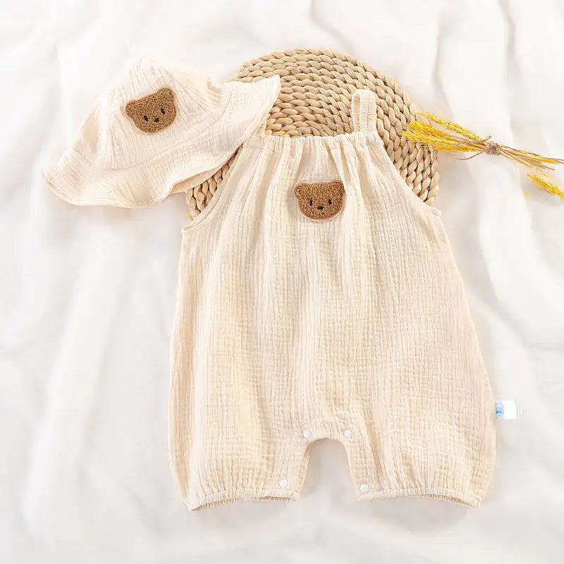 Soft Cotton Bear Patch Romper & Sun Hat Set