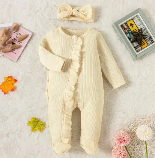 Candy Colour Lace Zip Footed Baby Romper with Bow Headpiece