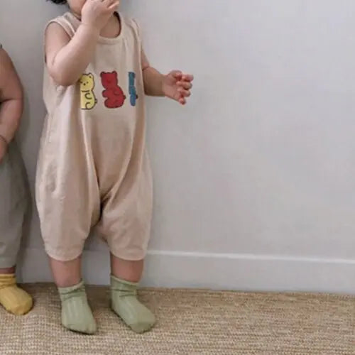 MILANCEL Cotton Bear Print Sleeveless Jumpsuit – Soft and Breathable for Boys/Girls