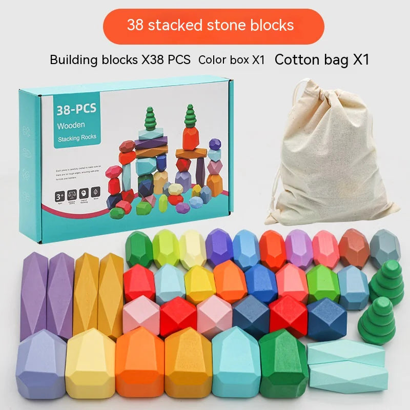 Wooden Rainbow Stones Building Blocks – Montessori Educational Toy for Kids