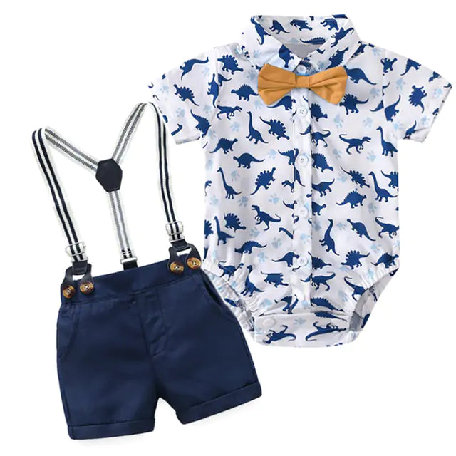 Dino Print Baby Boy Outfit Set – Jumpsuit & Suspender Shorts