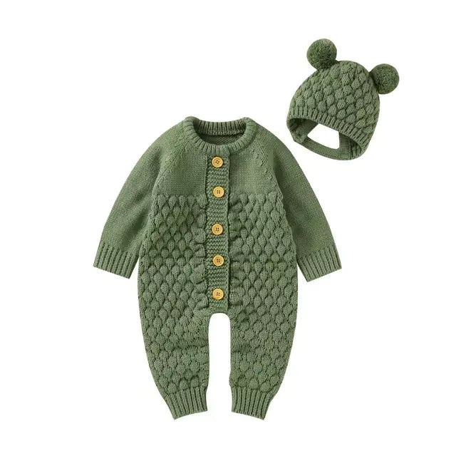 Knitted Baby Romper Set – Hat, Mittens & Booties