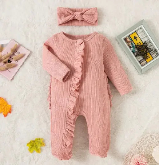 Candy Colour Lace Zip Footed Baby Romper with Bow Headpiece