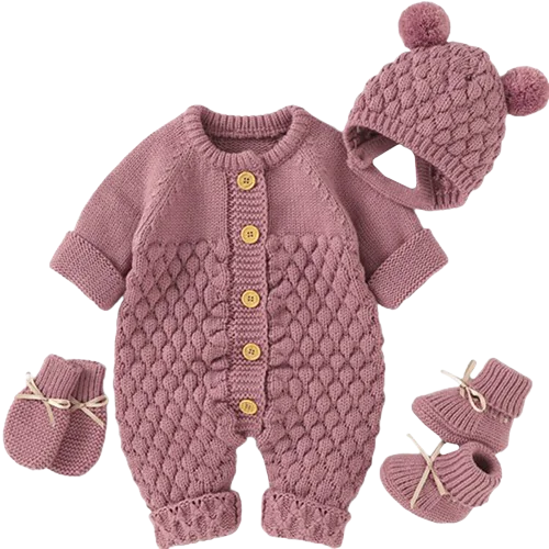 Knitted Baby Romper Set – Hat, Mittens & Booties