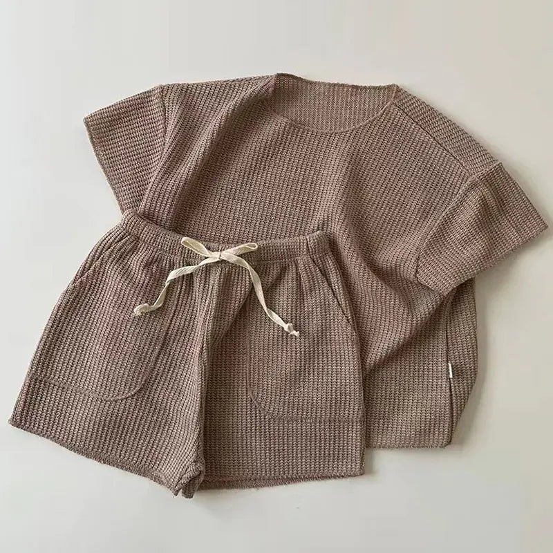 Solid Knit T-Shirt and Shorts Set for Kids – Comfortable & Stylish