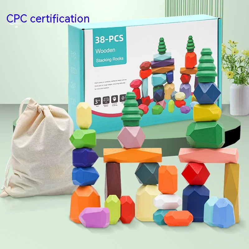 Wooden Rainbow Stones Building Blocks – Montessori Educational Toy for Kids