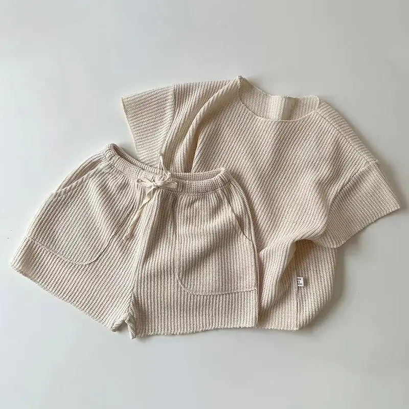 Solid Knit T-Shirt and Shorts Set for Kids – Comfortable & Stylish